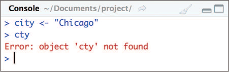 A screenshot shows a typo error message in the Rstudio console. The first line of command reads, > city <- "Chicago." The second line of command reads > cty and its output reads, Error: object 'cty' not found.