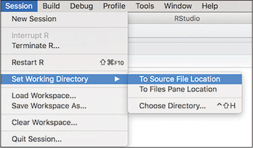 A screenshot shows the session tab in the menu bar of Rstudio selected, under which "Set working directory," is selected revealing a submenu. The option "To source File Location" is selected from the subemnu.