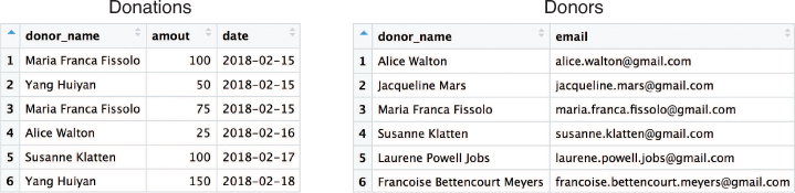 A screenshot shows a sample data frame for donations, and donor information.
