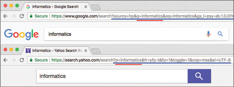 A screenshot shows the search engine URLs of google and yahoo.