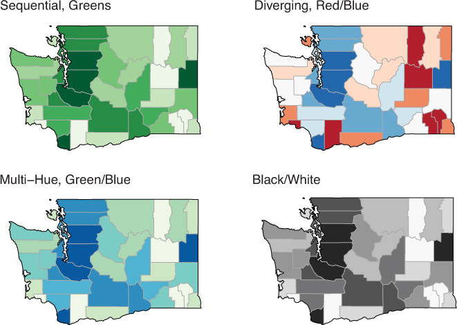 A set of four Washington maps showing the population data in four different ColorBrewer Scales: Sequential, Greens; Diverging, Red/Blue, Multi-Hue, Green/Blue, and Black/White.