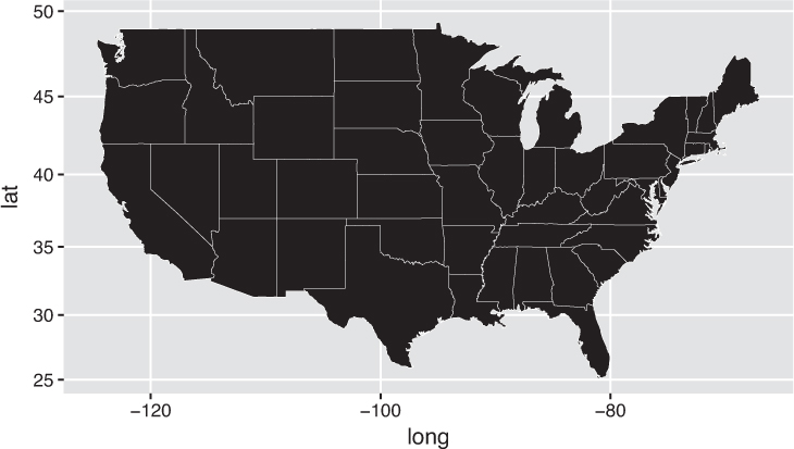 A figure shows the U.S state map rendered with ggplot2, with the horizontal axis representing the longitude ranging from negative 120 to negative 80, at intervals of 20 and the vertical axis representing the latitude ranging from 25 to 50 at intervals of 5.