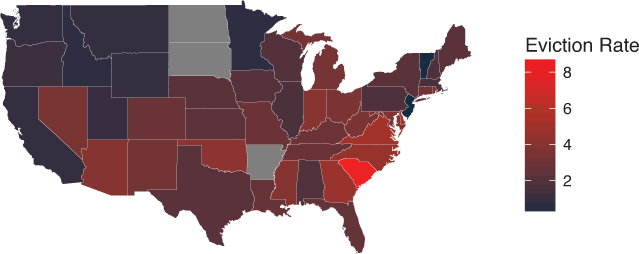 A figure shows the choropleth generated with the U.S State map; a legend labeled Eviction Rate ranges from 2 to 8 and denotes the different colors for the values 2, 4, 6, and 8.