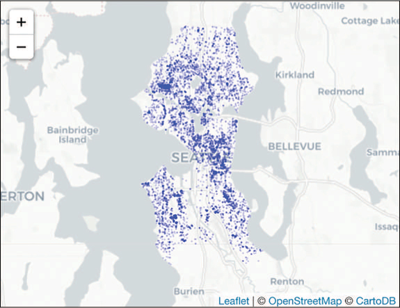 The screenshot shows a leaflet map of new buildings permits in Seattle since 2010. The map shows densely plotted scatter points over the city of Seattle.