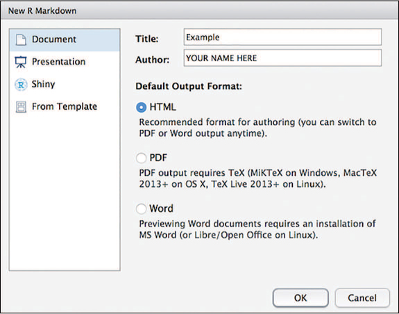A screenshot shows RStudio wizard for creating R Markdown documents.