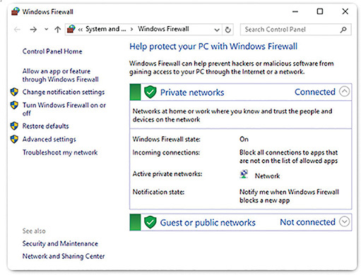 A screenshot shows the "Windows Firewall" window.
