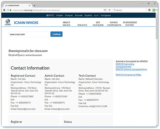 A figure shows a screenshot of the ICANN WHOIS website in a web browser.