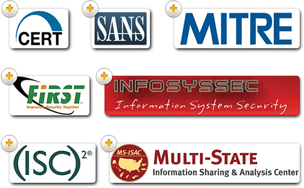 Brand marks of the following network security organizations are shown: CERT, SANS, MITRE, FIRST, INFOSYSSEC, ISC square, and MULTI-STATE.