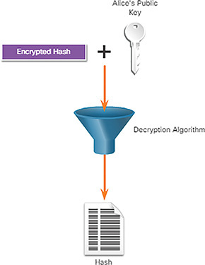 A figure represents Bob using Alices public key to decrypt the hash.