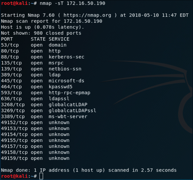 A screenshot displays the output of a Nmap TCP connect scan.
