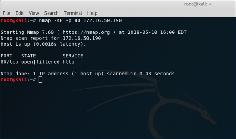 A screenshot displays the output of a Nmap TCP FIN scan.