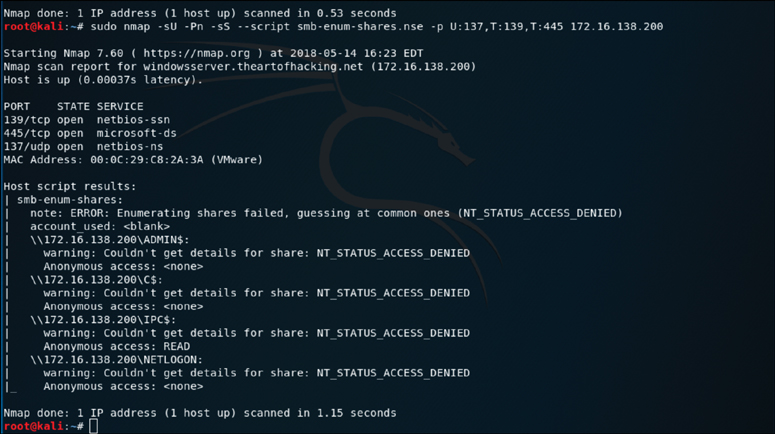 A screenshot displays the output of the Nmap smb-enum-shares script run against the target 172.16.138.201.