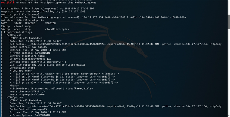 A screenshot displays the results of running the Nmap http-enum script against the target theartofhacking.org.