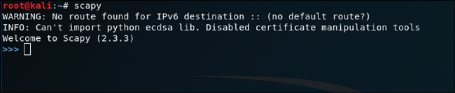 A screenshot displays the scapy open in the Command Line terminal. The command reads: # scapy Below which a WARNING: note is shown, followed by message: Welcome to Scapy (2.3.3).
