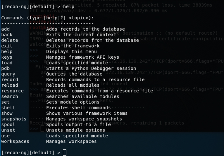 A screenshot shows the output of the help command. The command, help, retrieves a list of other commands and its description in two columns.