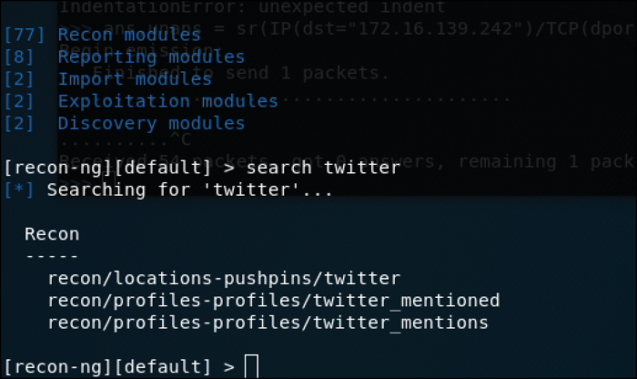 A screenshot displays the results of running this command. The command, search twitter, retrieves all the recon results of twitter.