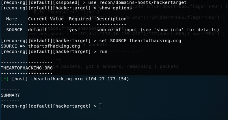 A screenshot shows the module being run against the target theartofhacking.org.