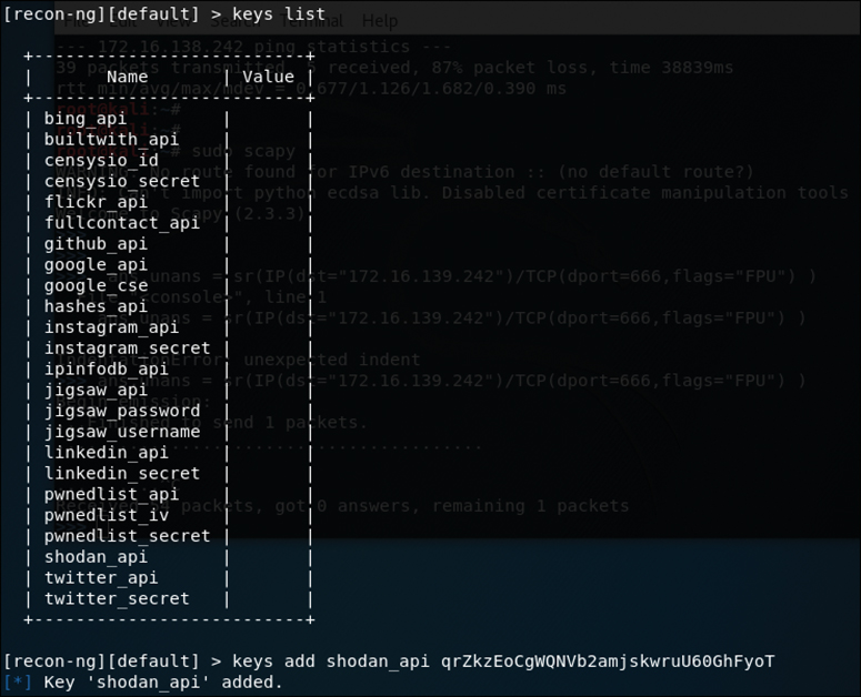 A screenshot shows the output command Recon-ng Key List Output. The command keys list retrieves the list of name and value in two columns.