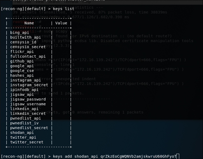 A screenshot shows the API key listed for the command, keys list. The output below shows the list of name and value in two columns. Another command below reads, keys add shodan_api (value).