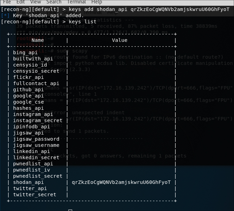 A screenshot reads the command, keys add shodan_api (value) key ‘shodan_api’ added. keys list. The output below shows the updated list of name and value in two columns. The value for shodan_api is shown.