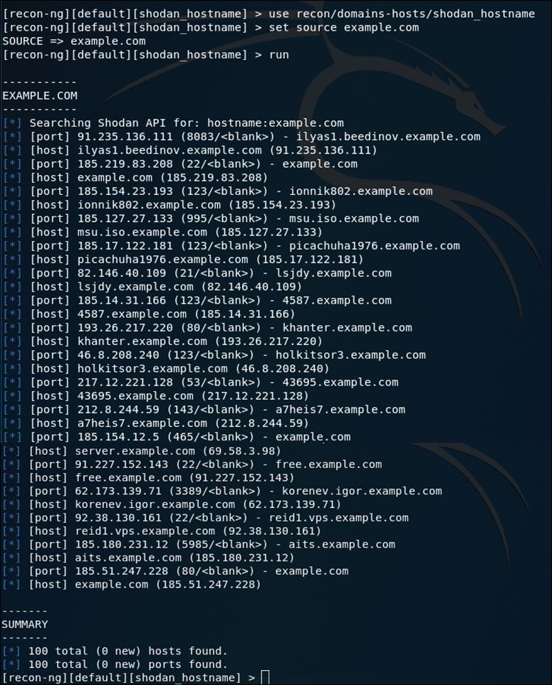 A screenshot shows the output of the Recon-ng shodan_hostname Module.