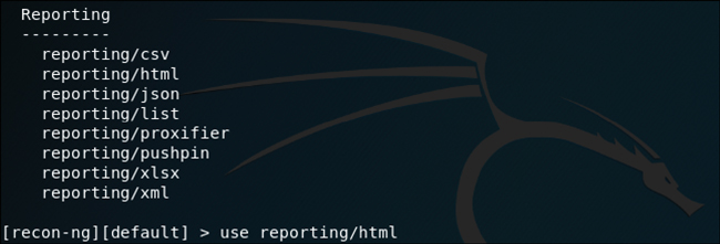 A screenshot shows the list of the current reporting modules. The screen shows the output as a list. The command below reads, use reporting/html.