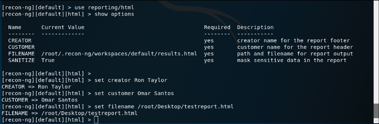A screenshot shows the sample report in HTML format. The screen displays the commands: Use reporting/html Show options. The output below displays the details under the headers: Name, current value, required, and description.