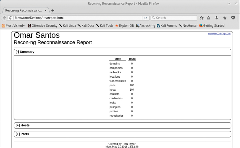 A screenshot shows an example of Recon-ng HTML report.