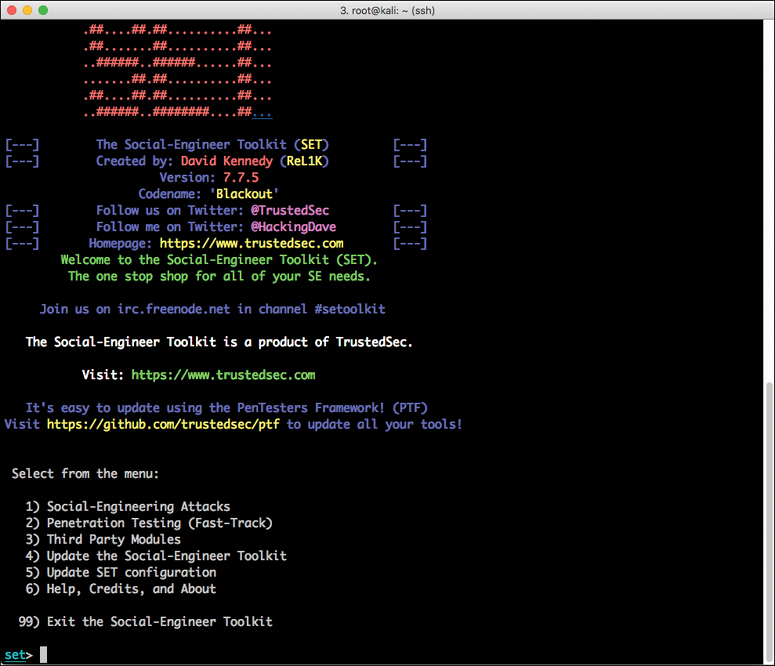 A screenshot of the command prompt window showing the SET main menu.