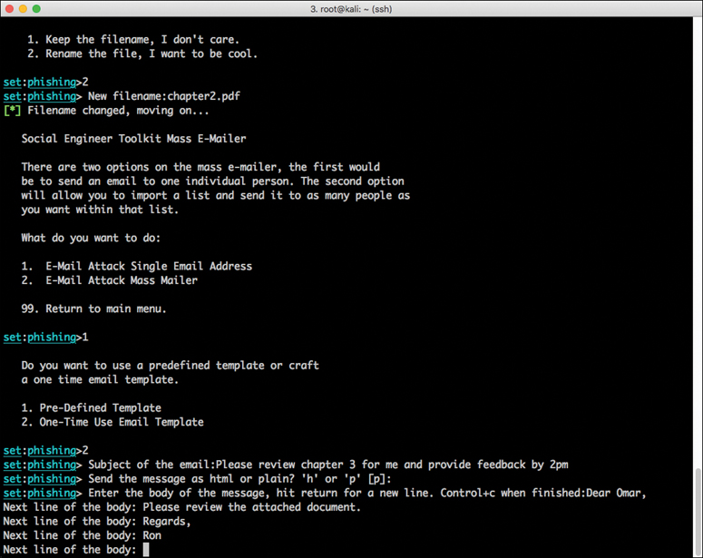 A screenshot of the command prompt window shows sending the email in SET.