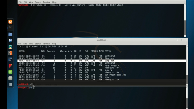 A screenshot of the output of the Aireplay-ng command in the bottom terminal window is shown. A tabulation of the details of the wireless networks on which to perform a de-authentication attack is present, in which one of the rows is selected.