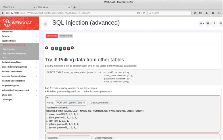 The output screen of using a UNION Operand in an SQL injection attack.