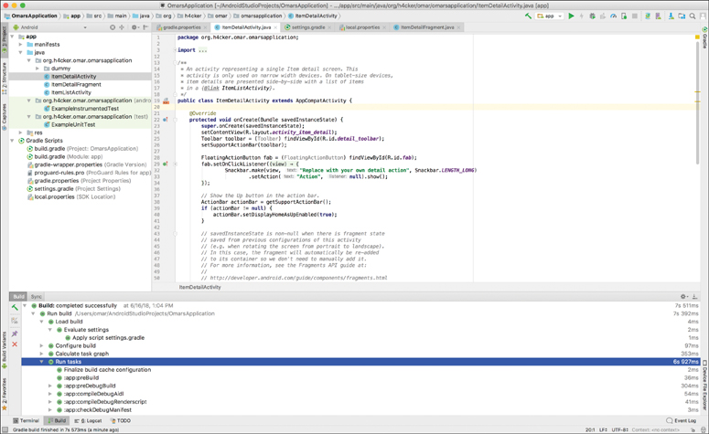 A screenshot of an application called OmarsApplication being developed using Android Studio.