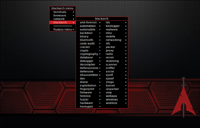 A screenshot of the BlackArch Applications menu.