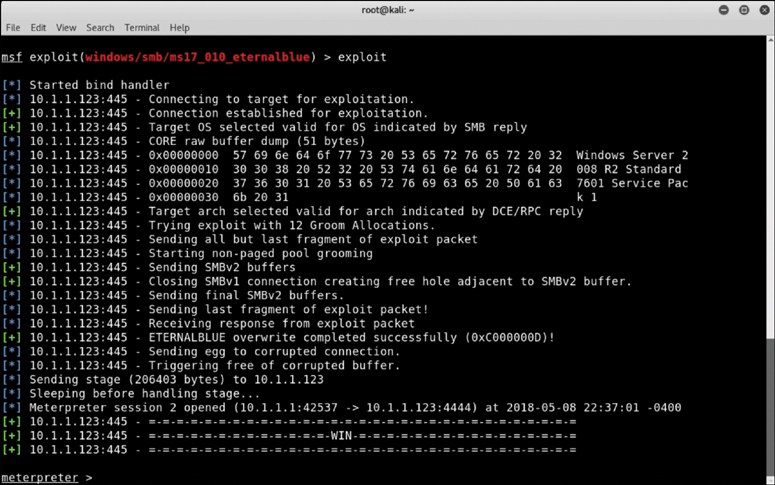In the screenshot, the EternalBlue payload is used. The exploit command is executed and the meterpreter session is established.