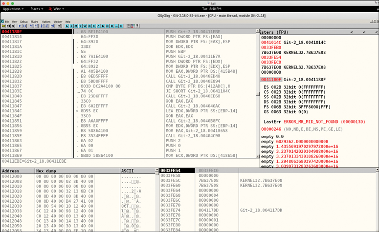A screenshot of OllyDbg in Kali Linux is shown. The debug results of Git 2.18.0 (32 bit) EXE are displayed corresponding to Address, Hex dump, and ASCII values.