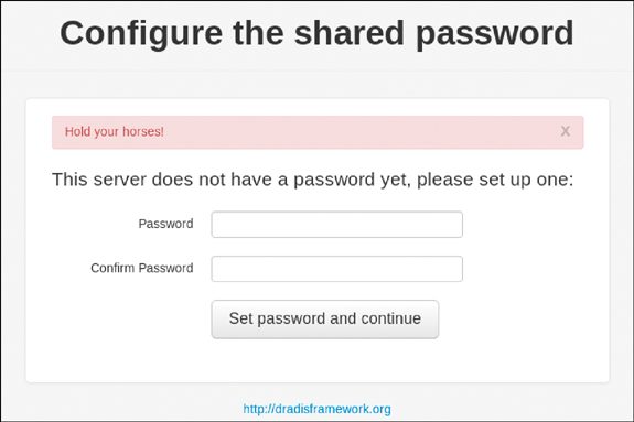 A screenshot of Dradis Initial Setup: Creating a Password. The screen header reads, Configure the shared password. Two text fields: Password and Confirm Password followed by a command button, Set password and continue are given.
