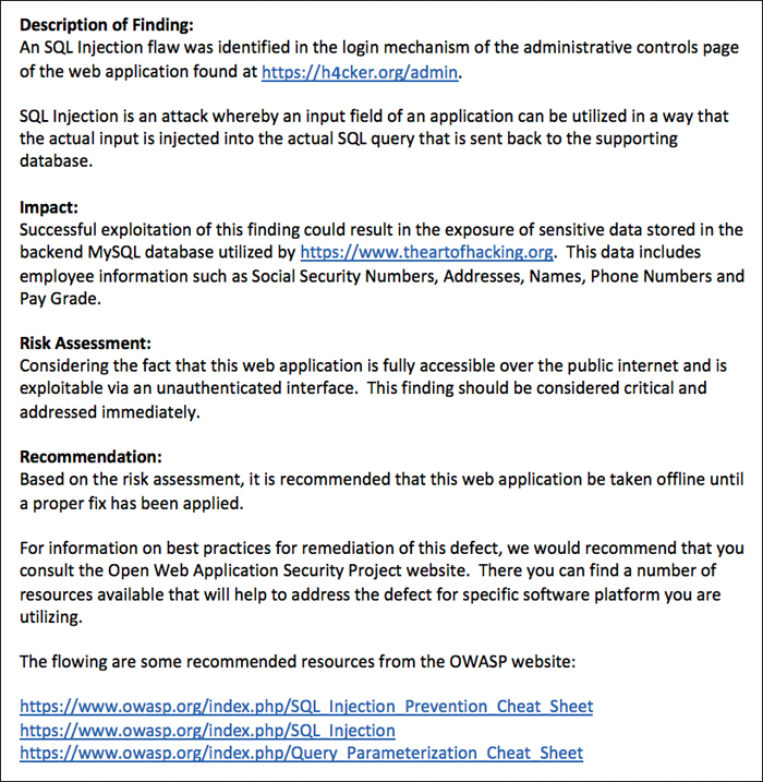 A screenshot of a Sample Report for Finding and Recommendation for Remediation (Part 1).