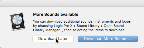 A screenshot shows "More sounds available" - download additional sounds, instruments, and loops from, "Logic Pro X, sound library, open sound, library manager..." and selecting the items to download. There are two buttons: "Download Later" and "Download More Sounds" at the bottom.