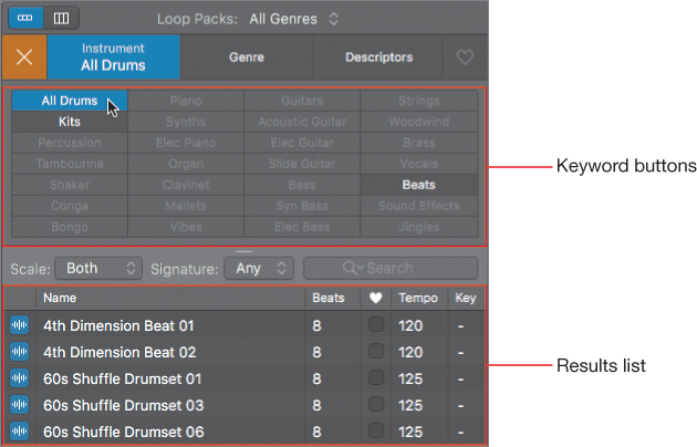 The selection of the instrument keyword buttons in the loop browser window is depicted.