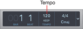 A snapshot of the control bar with an information display is shown, where bar, beat, keep tempo, and Cmaj values are displayed. The value of project tempo is shown as 120.