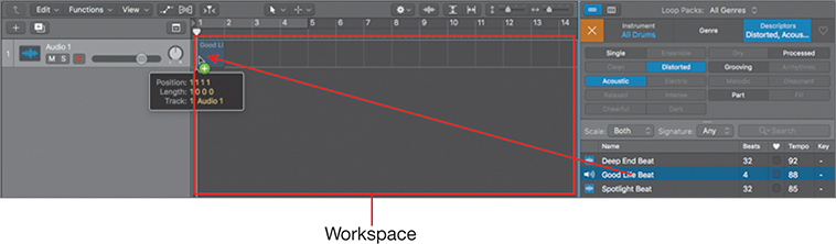 A screenshot depicts how to drag a particular beat from the results list to the workspace's track.