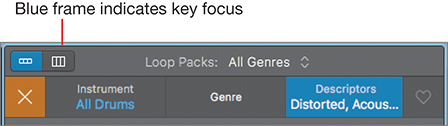 A snapshot of the loop browser shows the loop packs for all genres. A blue frame at the top-left corner of the browser is highlighted and mentioned as "Blue frame indicates key focus." At the bottom, three buttons are shown, which are, instrument (All drums), genre, and descriptors (distorted, acoustic).