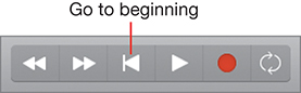 The control bar of Logic Pro X shows transport controls, in which "Go to beginning" button is shown in the place of the stop button.
