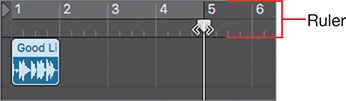 A snapshot represents the Logic Pro X ruler. The primary ruler (in cycle area) at the top shows 5 bars. A playhead at the lower part of the ruler is moved to bar 5.