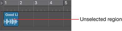 The ruler of Logic Pro X shows the unselected region in the background of the workspace, which is highlighted.